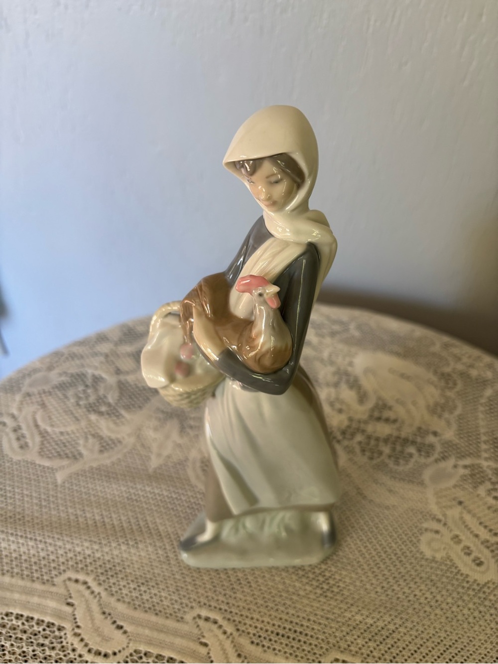 Lladro Porcelain Woman with Chicken - Cream, Brown, Gray